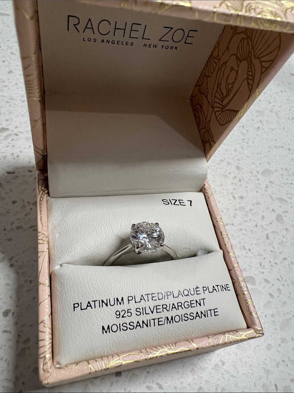 NEW in box Rachel Zoe Silver-platinum plated Ring with White Moissanite